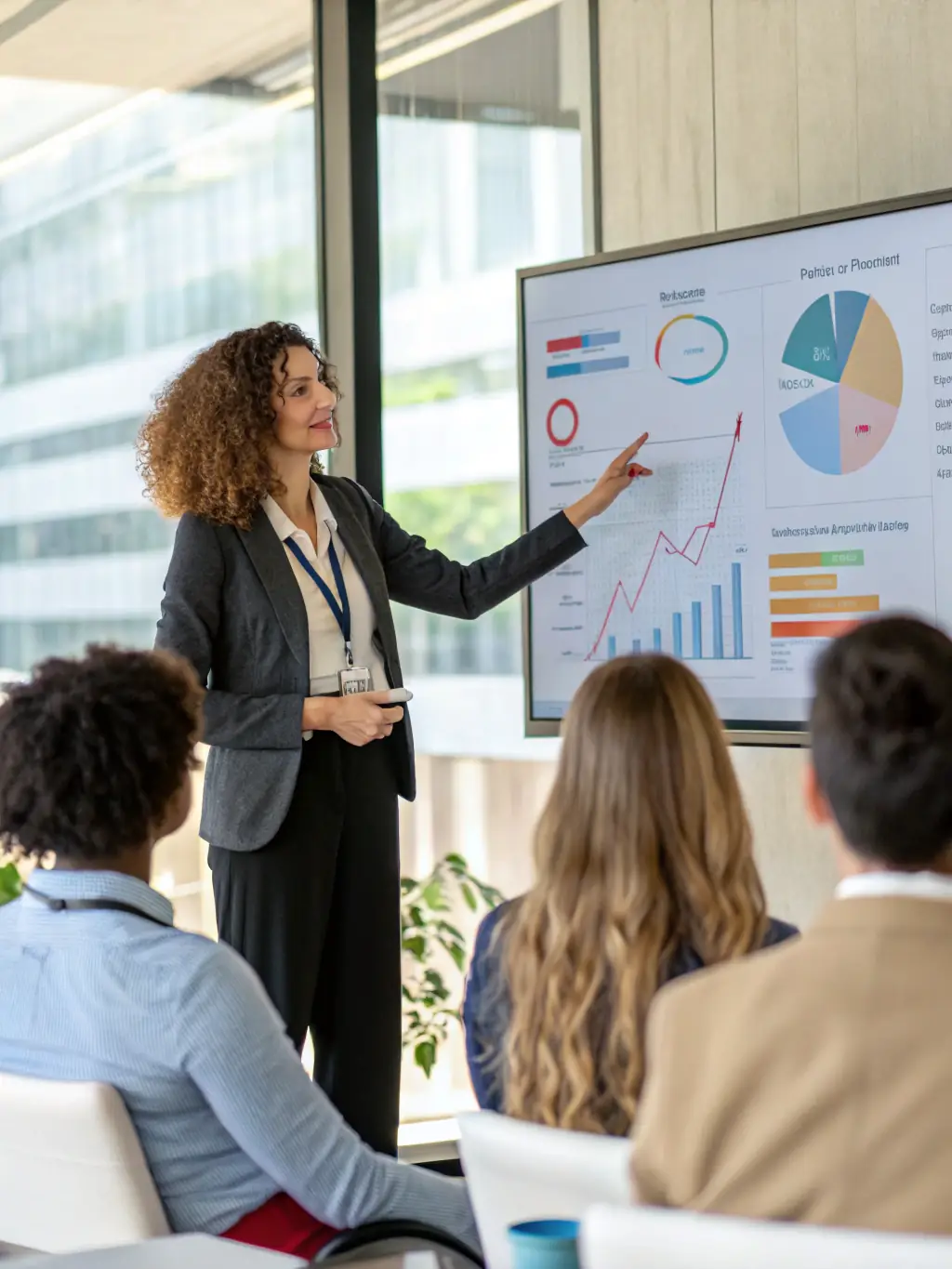 A woman confidently presenting a strategic plan to a board of directors, highlighting strategic thinking and decision-making.
