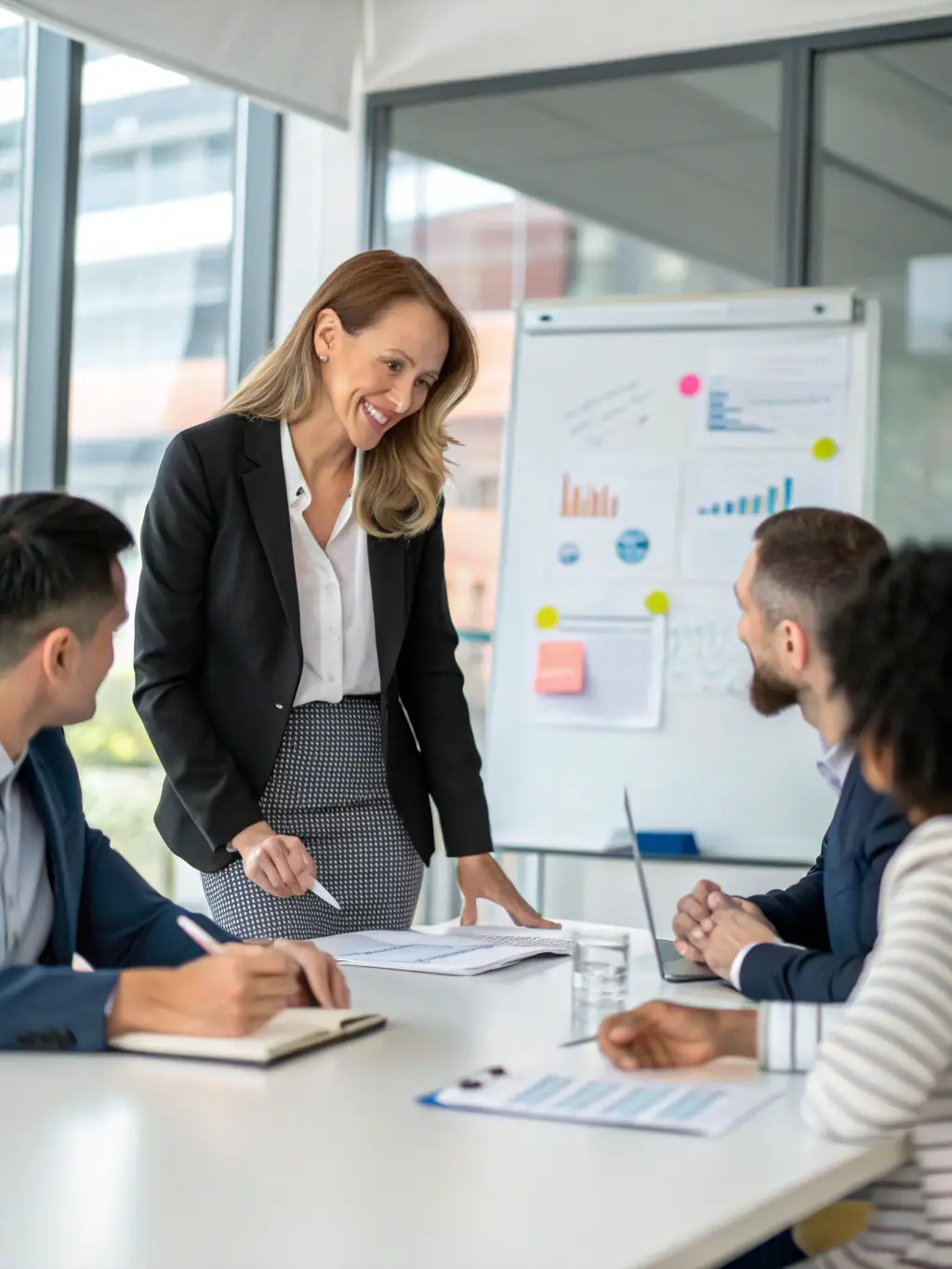 A professional woman confidently leading a team meeting in a modern office setting, showcasing leadership skills development.